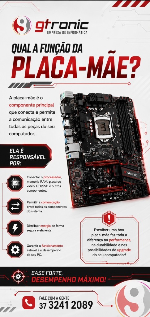 Qual a função da placa-mãe: conecta processador, memória, vídeo e armazenamento.